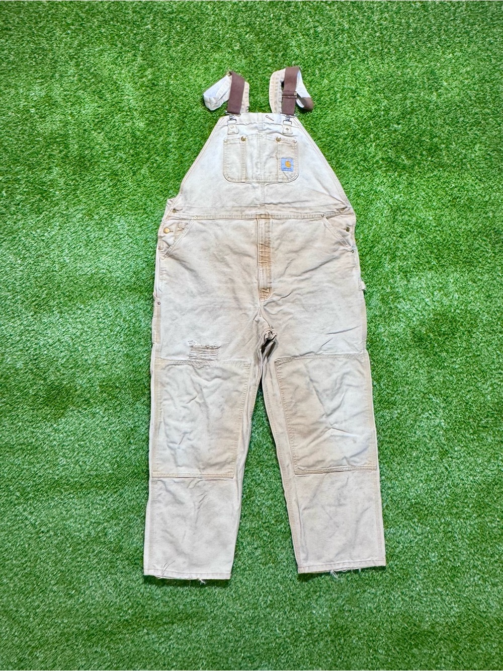 Carhartt Canvas Carpenter Bib Overalls Men’s 46x34 Tan Beige R01 BRN Workwear